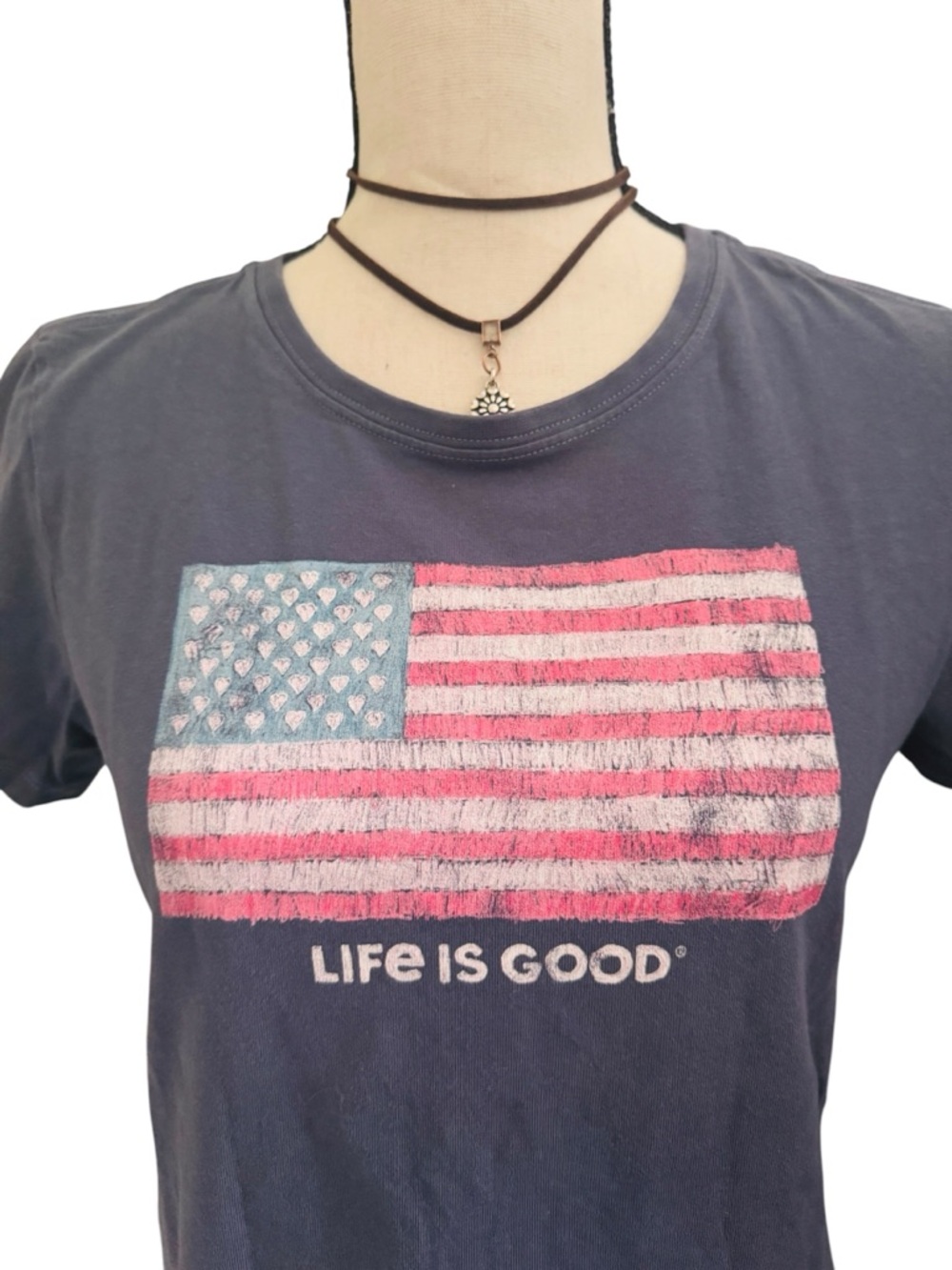Life Is Good Crusher Tee American Flag Graphic Gray Women’s Medium USA Patriotic